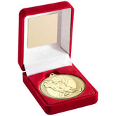 RED VELVET BOX AND 50mm MEDAL RUGBY TROPHY GOLD - 3.5in